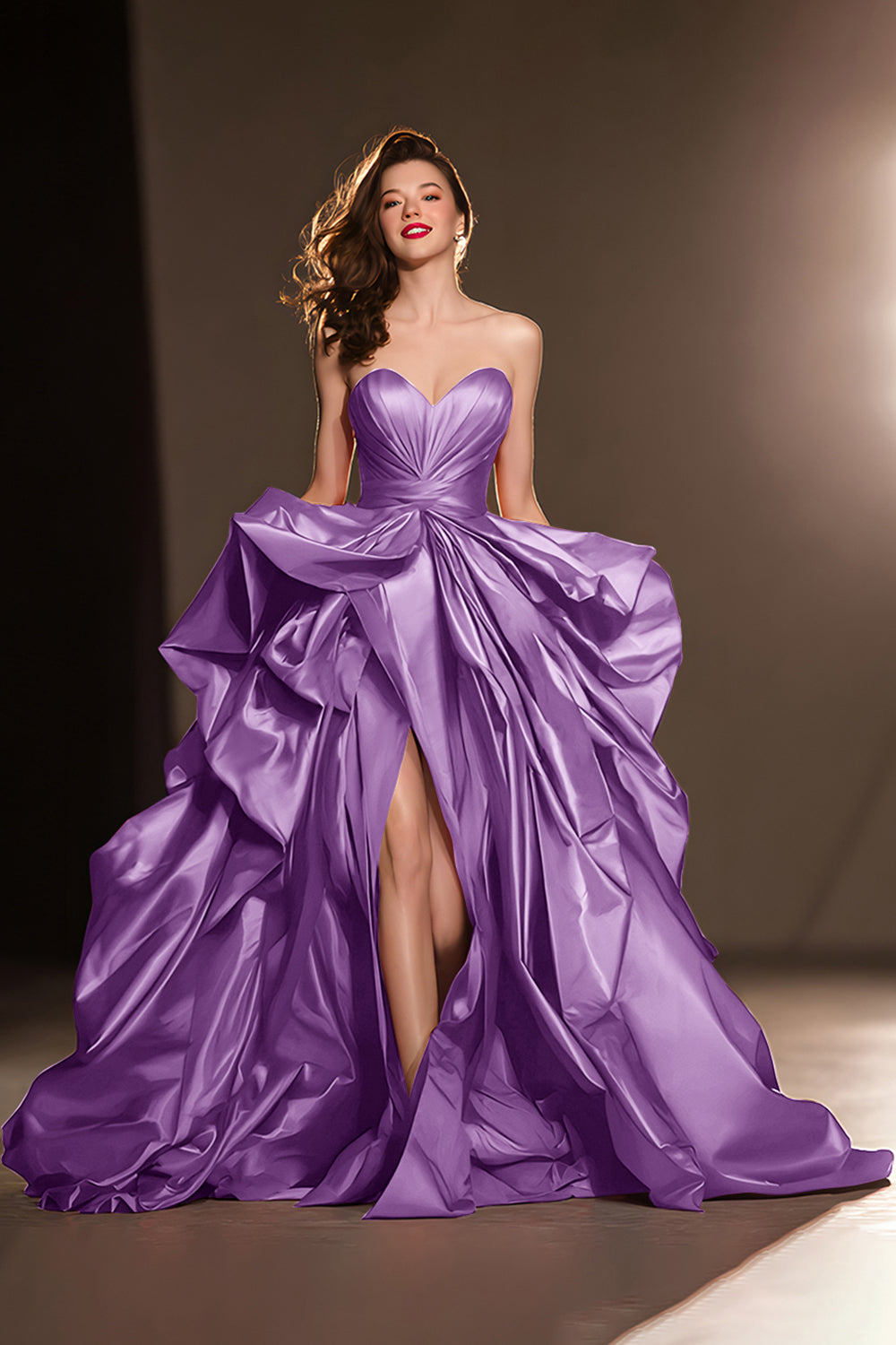 Dark Red Sweetheart Ruffled Ball Gown Long Masquerade Ball Dress with Slit