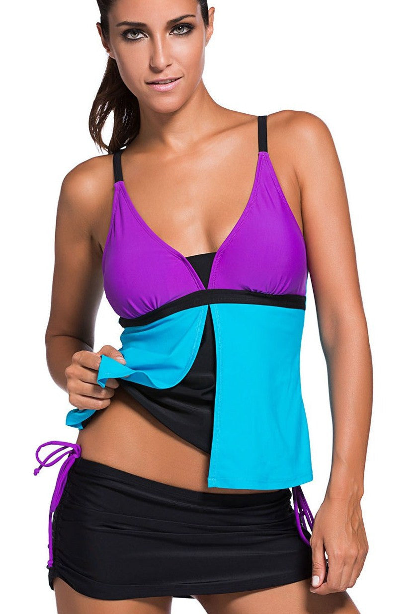 Purple Blue Colorblock 2 Pieces Tankini Skort Bottom Swimsuit