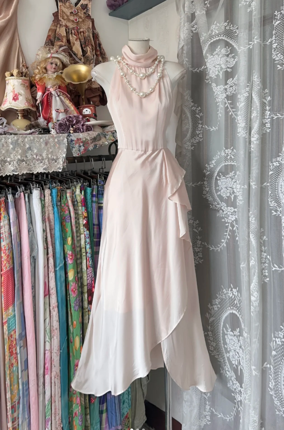 Classy Sleeveless Light Pink Chiffon Satin Mermaid Evening Dress Birthday Prom Dress D1288
