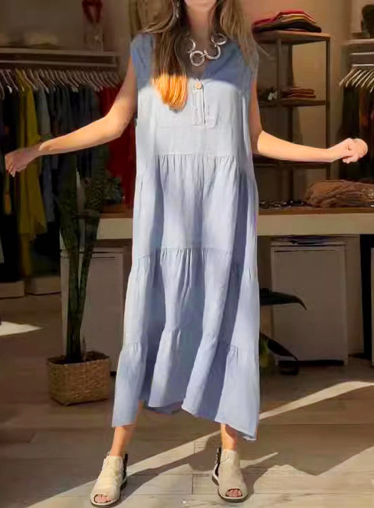 Sleeveless V-Neck Button Front Tiered Relaxed Fit Midi Summer Dress - View 3