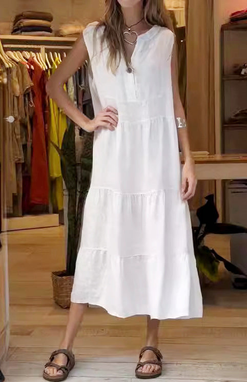 Sleeveless V-Neck Button Front Tiered Relaxed Fit Midi Summer Dress - View 5