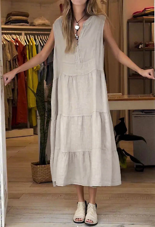 Sleeveless V-Neck Button Front Tiered Relaxed Fit Midi Summer Dress - View 6