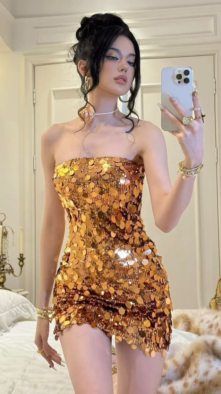 Gorgeous Gold Sequin Strapless Sheath Homecoming Dress Mini Birthday Dress S251