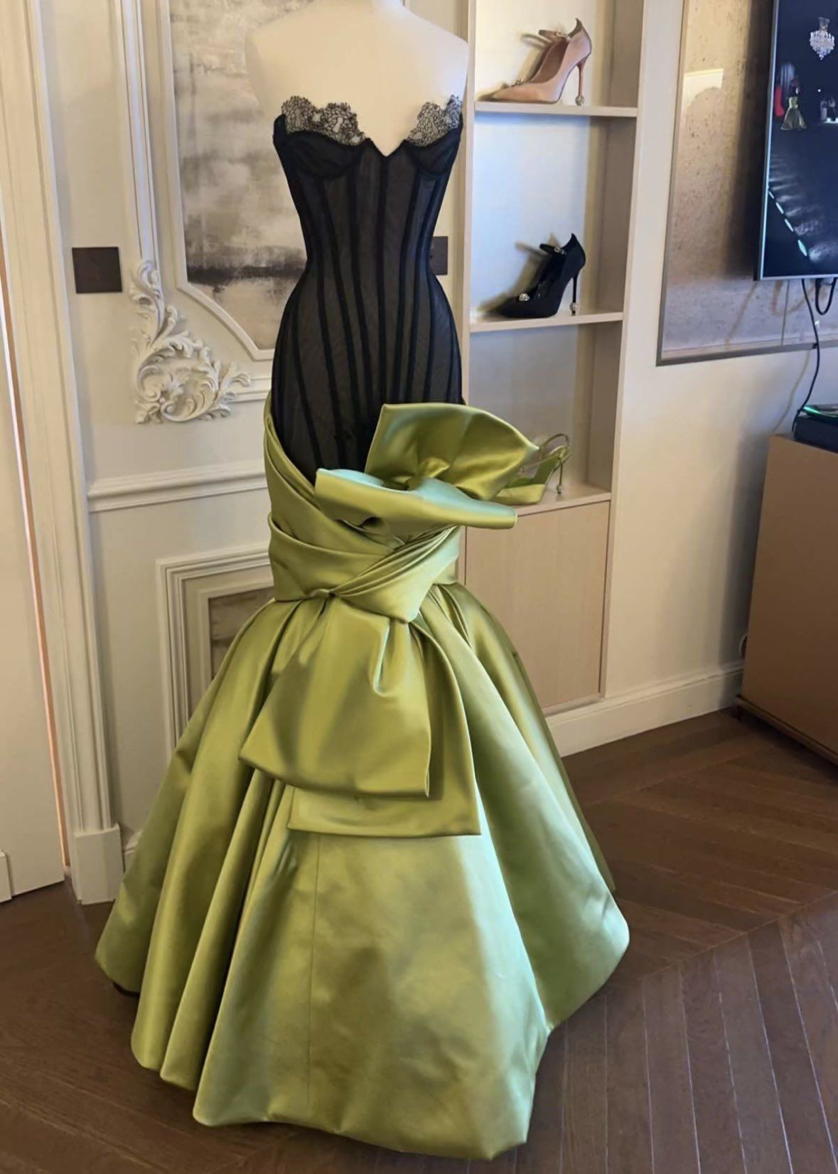 Chic Green Strapless Satin Bow Mermaid Evening Dress Long Party Gown D1235