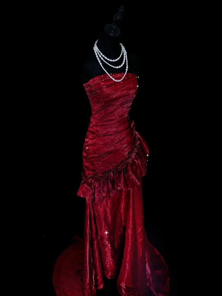 Elegant Burgundy Strapless Satin Pleated Ruffle Mermaid Evening Dress Long Prom Gown D1394