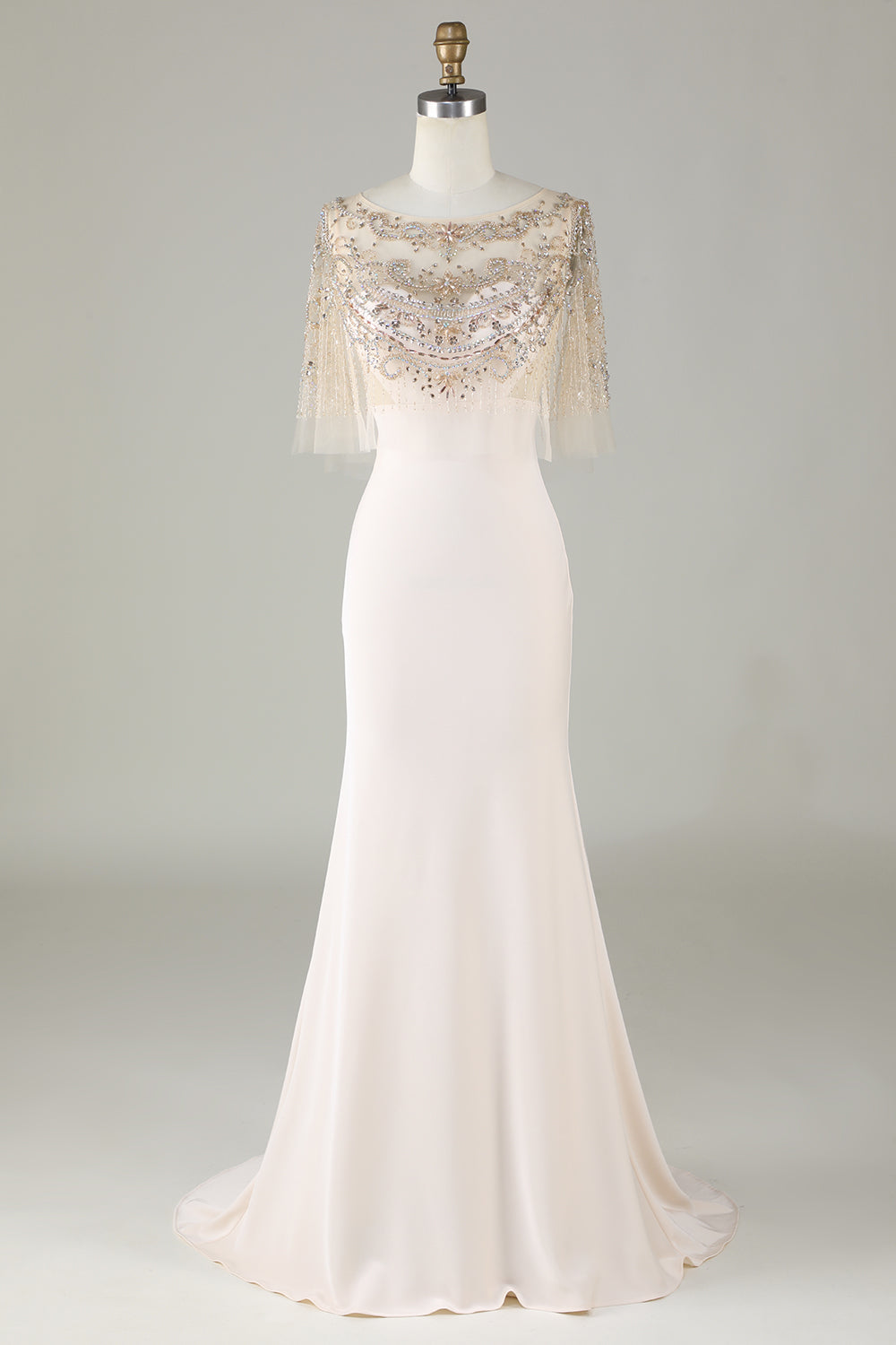 Sparkly Champagne Boat Neck Beaded Mermaid Long Prom Dress