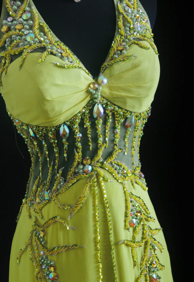 Chic Green Halter V Neck Satin Chiffon Beaded Mermaid Long Party Dress Evening Gown D1661