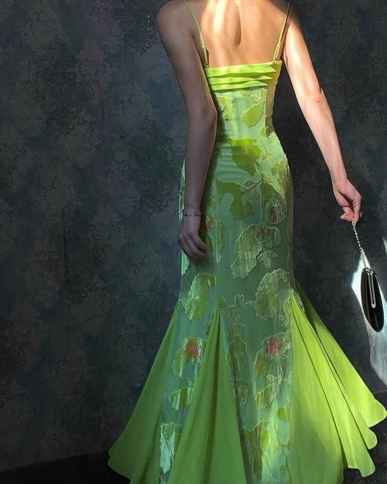 Gorgeous Spaghetti Straps Green Satin Print Floral Mermaid Party Dress Long Birthday Prom Dresses D1514