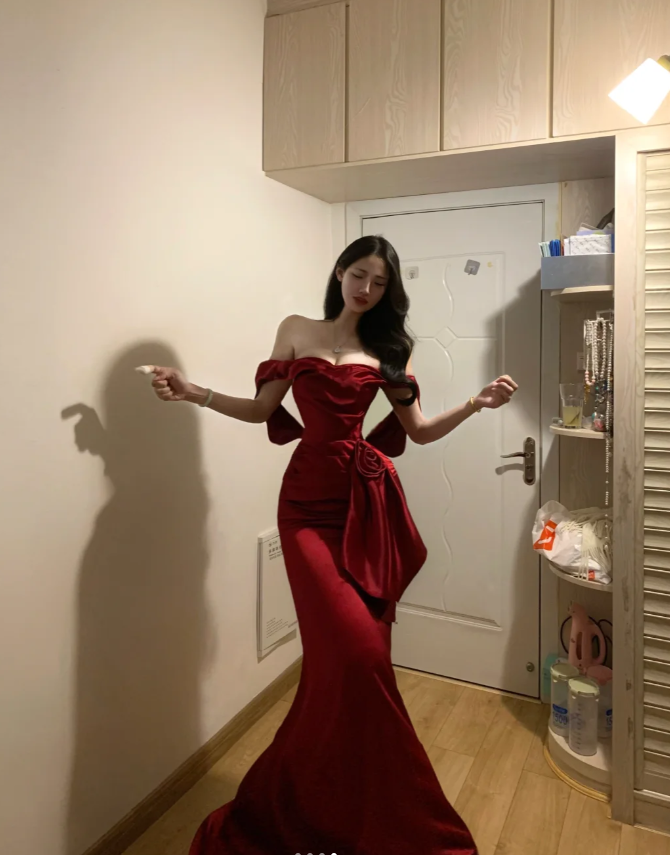 Pretty Red Off The Shoulder Satin Mermaid Long Evening Dress Formal Guest Dress D850