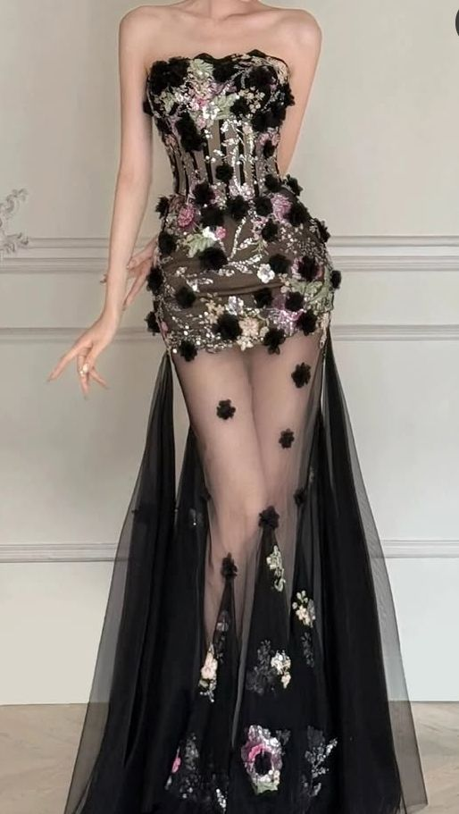 Sexy Strapless Black Tulle Sequin Appliques Mermaid Prom Dress Long Birthday Party Dress D1228
