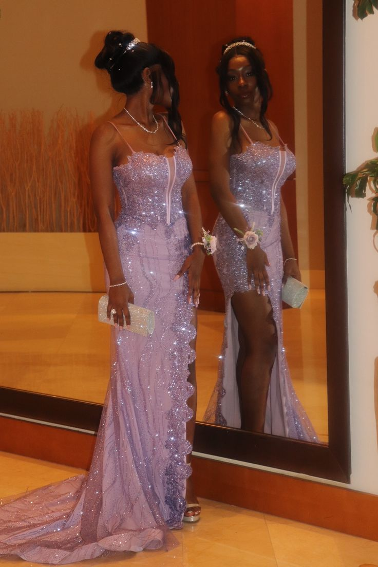 Gorgeous Spaghetti Straps Purple Tulle Sequin Slit Mermaid Prom Dress Evening Gown D1184