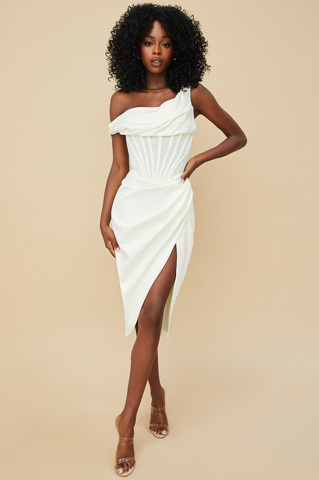Satin One Shoulder Corset High Split Draped Midi Dress in Red - View 14