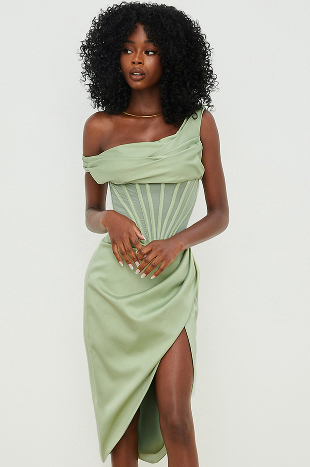 Satin One Shoulder Corset High Split Draped Midi Dress 26