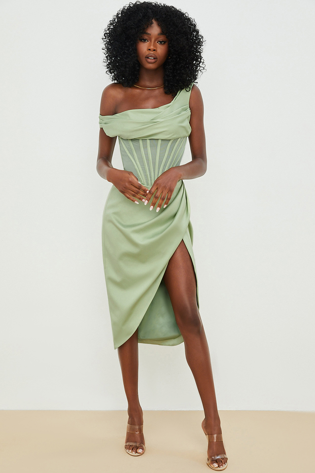 Satin One Shoulder Corset High Split Draped Midi Dress 29