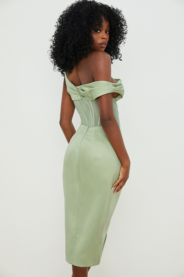 Satin One Shoulder Corset High Split Draped Midi Dress 28