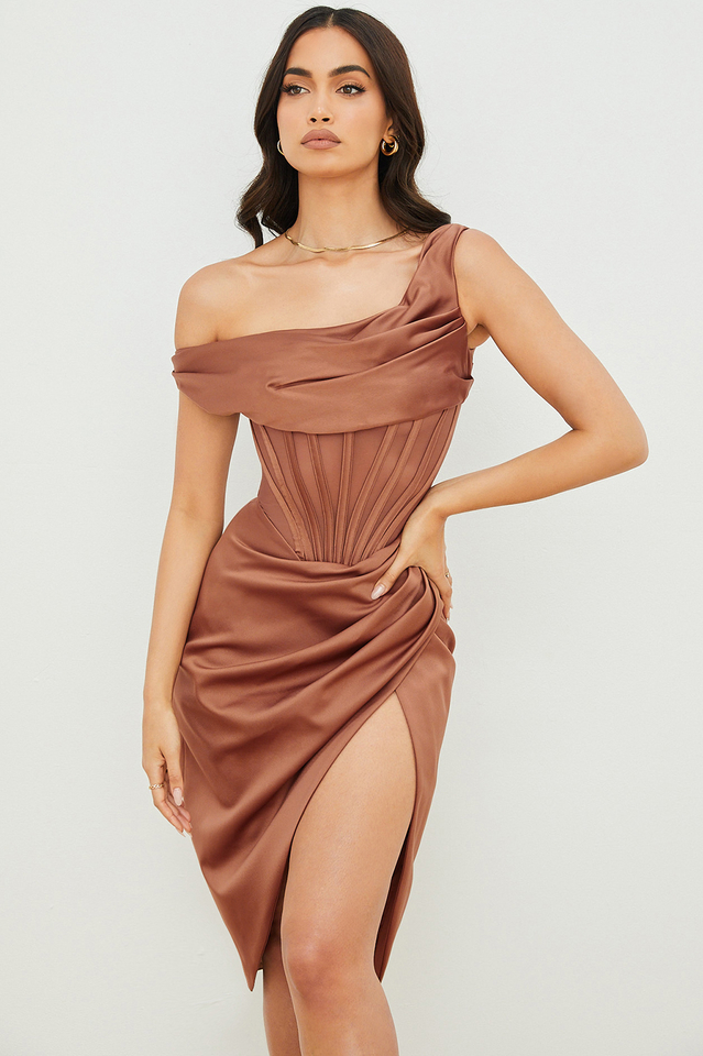 Satin One Shoulder Corset High Split Draped Midi Dress in Red - View 19