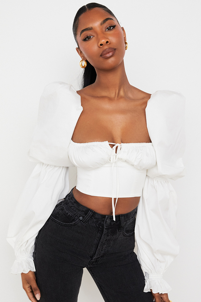 White Poplin Cropped Corset Top - Fashionpara