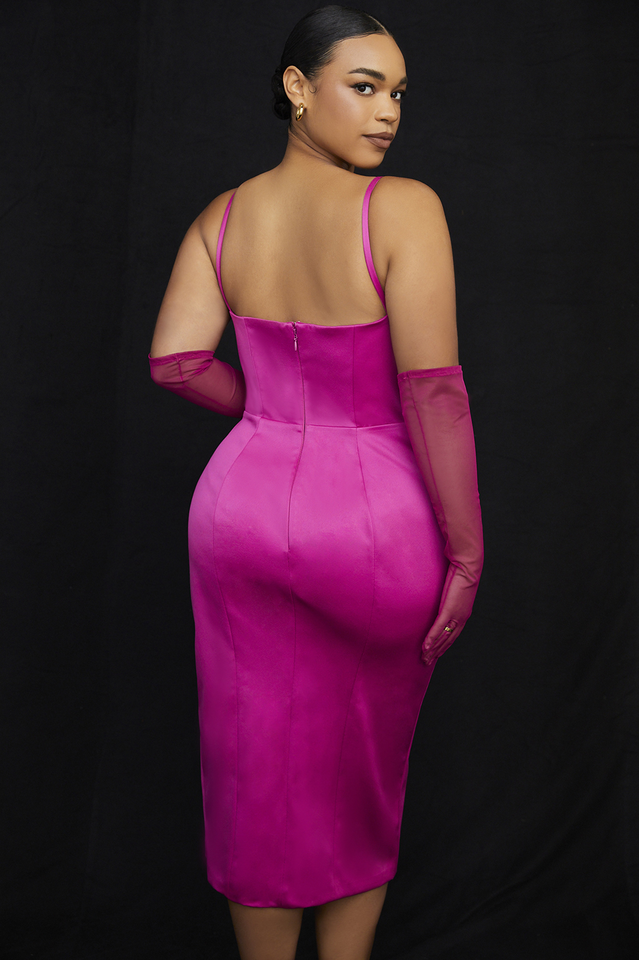 Satin Spaghetti Strap Corset High Split Midi Dress - View 21