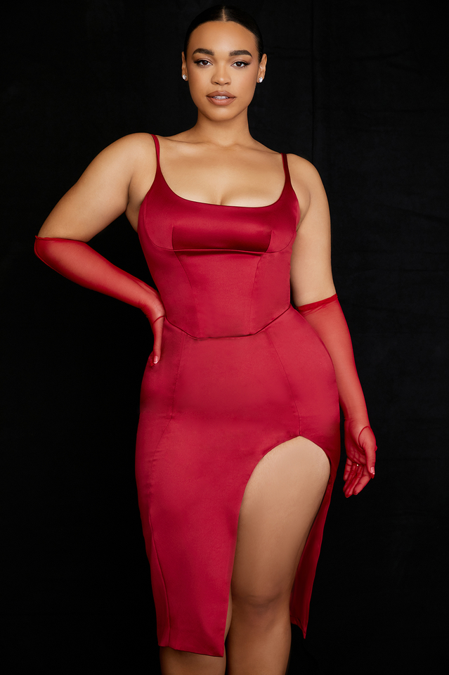 Satin Spaghetti Strap Corset High Split Midi Dress 43