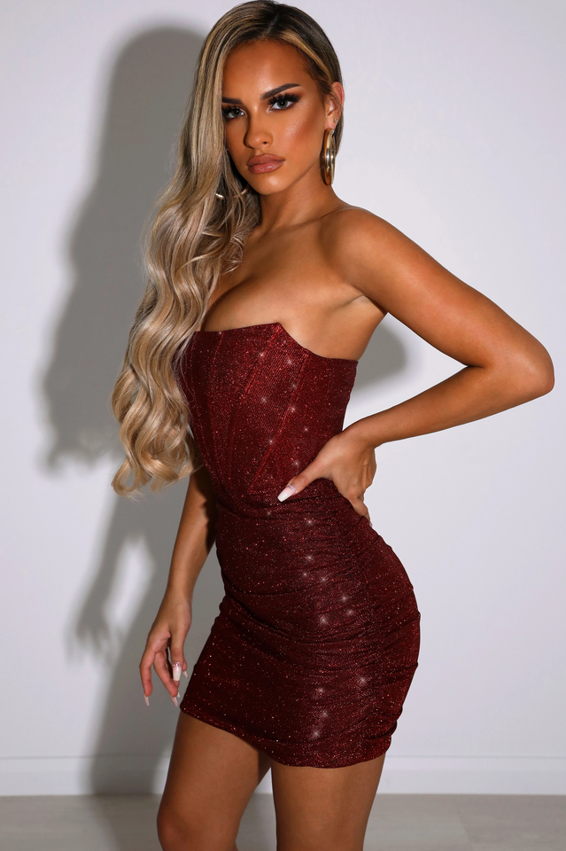 Glitter Strapless Corset Ruched Bodycon Mini Dress