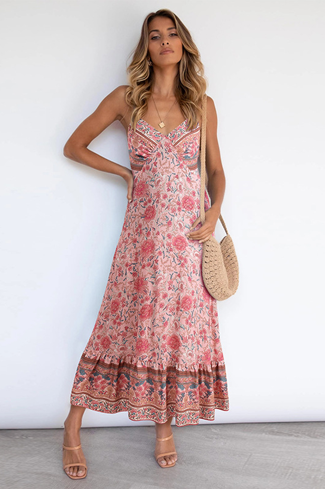 V Neck Floral Boho Dress