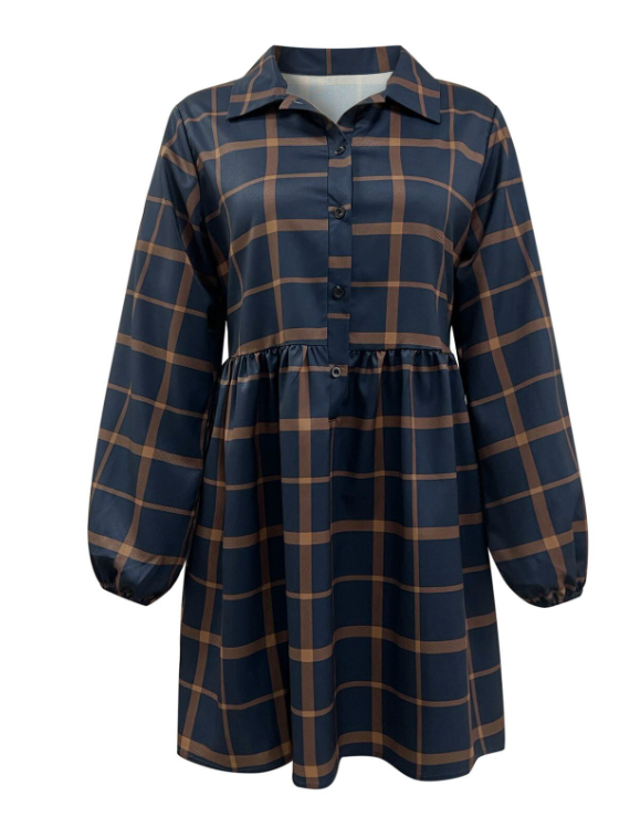 Plaid Collared Long Sleeve Button Front Smock Mini Dress 5