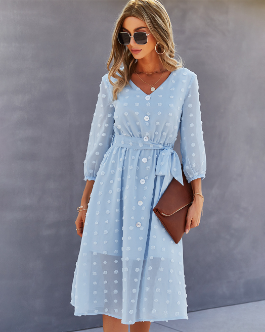 Swiss Dot V-Neck Button-Front Belted Midi Dress 9