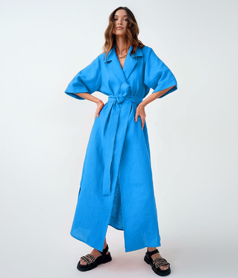 Linen Collared Short-Sleeve Belted Wrap Maxi Dress 10