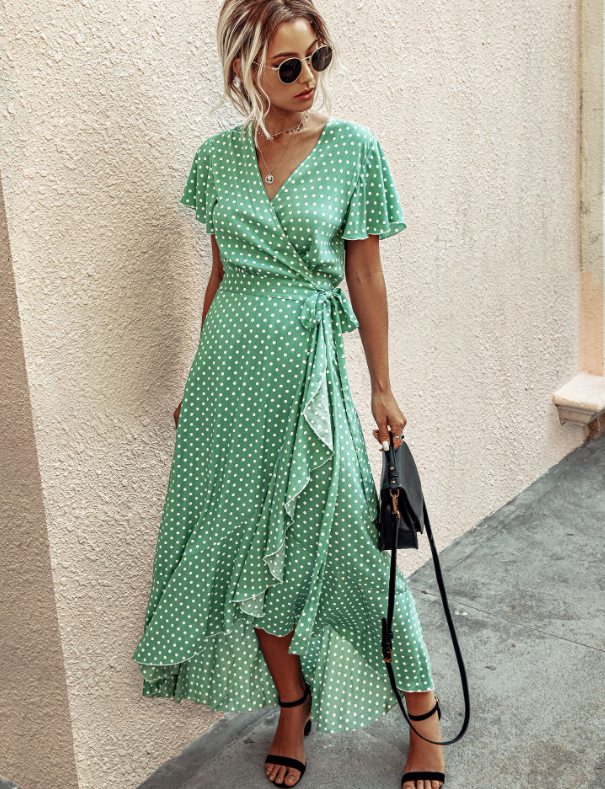 V-Neck Coastal Vacation Dot Polka Short-Sleeved Warm-Season Ruffle For Gown Women L / Green Dresses