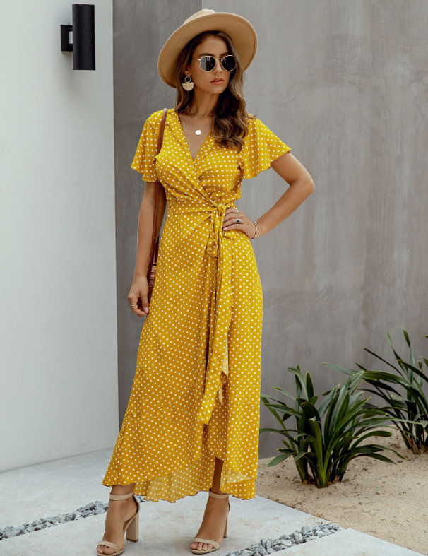V-Neck Coastal Vacation Dot Polka Short-Sleeved Warm-Season Ruffle For Gown Women Xl / Yellow
