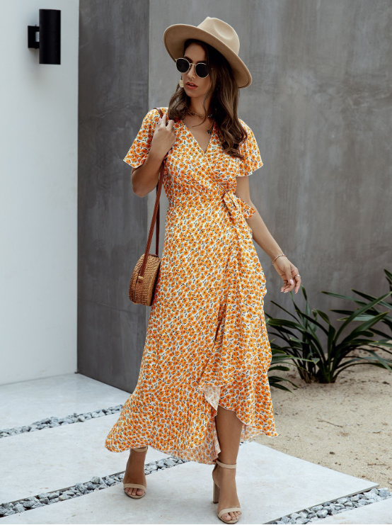 Ditsy Floral V-Neck Flutter Sleeve High-Low Maxi Dress 10