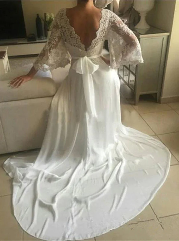 2023 Cheap A Line V Neck Lace Sleeves Back Bowknot Wedding Dresses