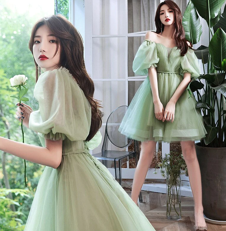 Green Puff Sleeve V-Neck Short Women Evening Dress Homecoming Dress - Fashionpara