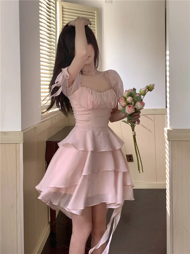 Ruffled Puff Sleeve Dress Solid Square Collar Women's Summer Dress , Homecoming Party Dress - Fashionpara