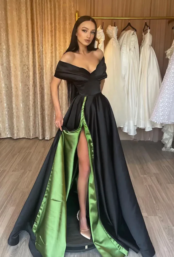 Black satin long prom dress A-line evening dress - Fashionpara