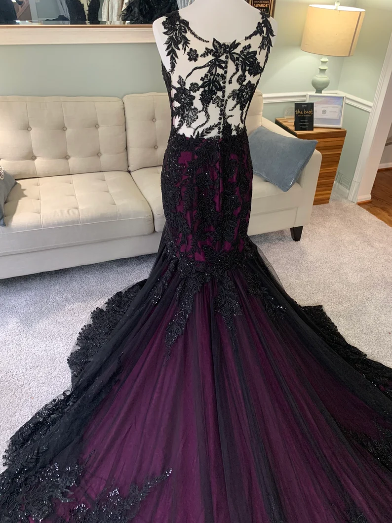 Black and Purple Wedding Dress, Gothic Wedding Dress, Trumpet Black Dress, Formal Dress