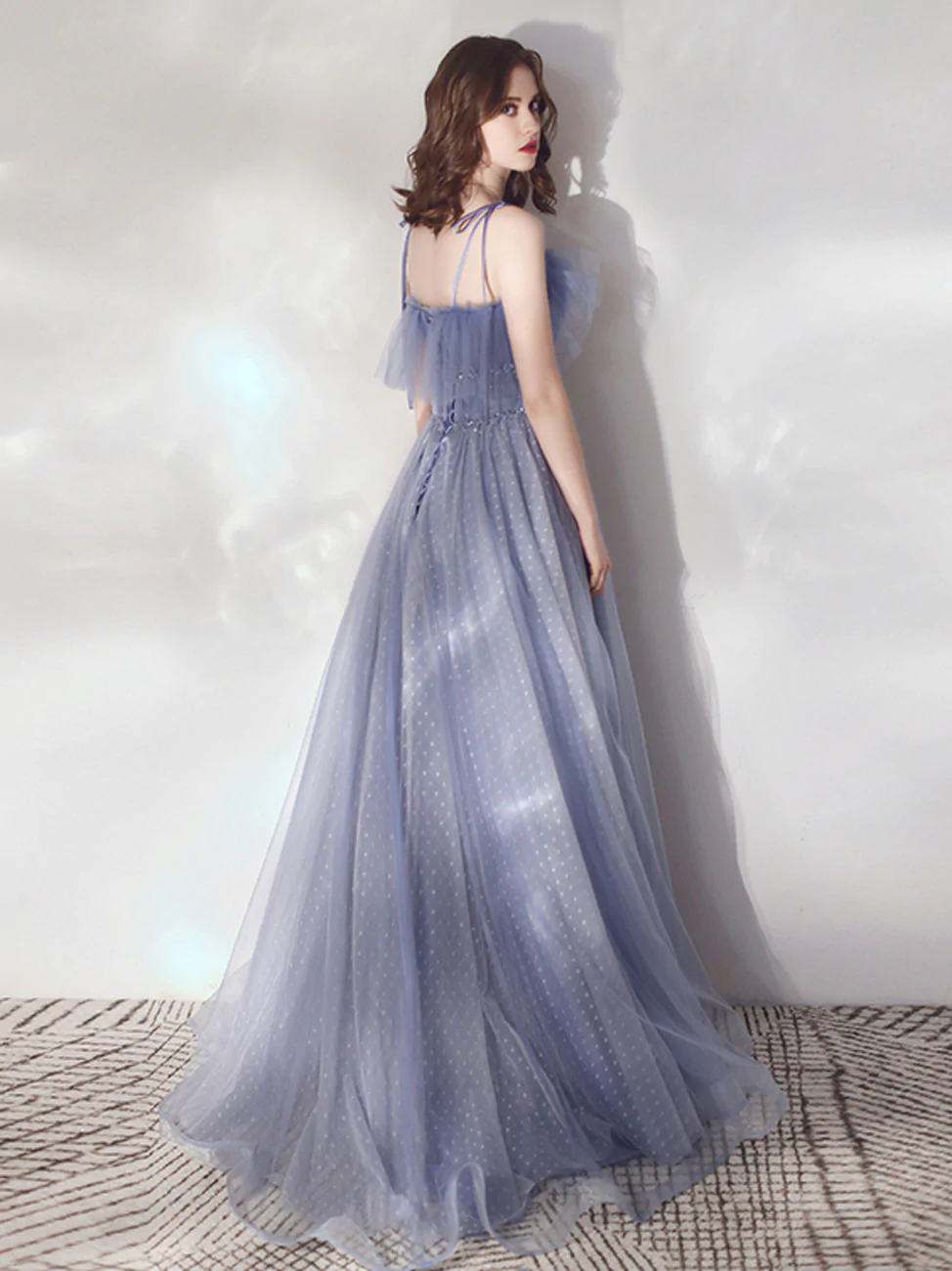 Blue A-Line Tulle Long Prom Dresses, Blue Formal Graduation Dresses - Fashionpara