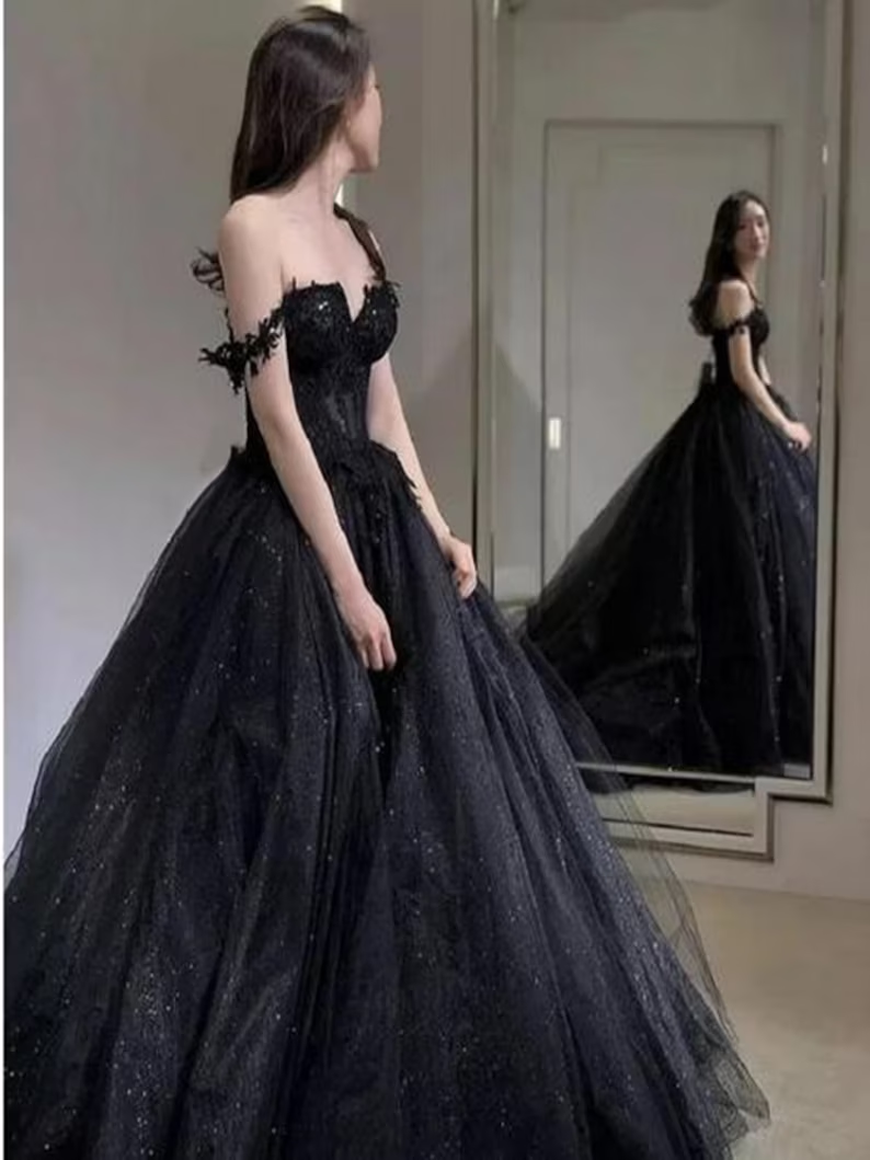 Lace Applique Tulle Dress, Black Glitter Wedding Dress, 3D Flowers Long Evening Gown