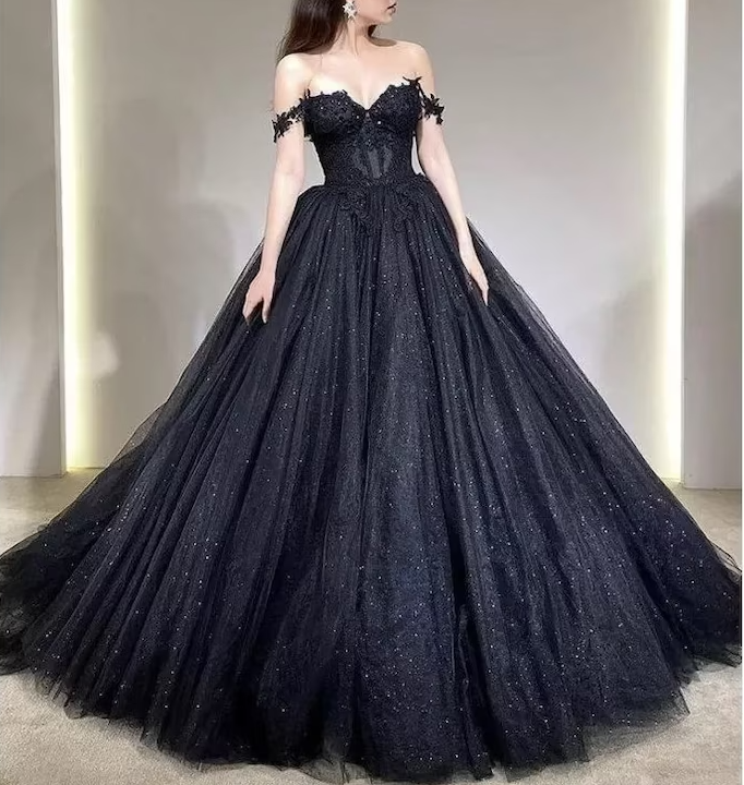 Lace Applique Tulle Dress, Black Glitter Wedding Dress, 3D Flowers Long Evening Gown