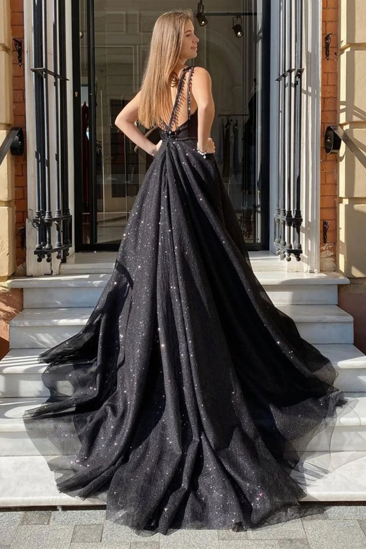 Shiny Tulle V Neck Open Back Black Long Prom Dresses with High Slit, Sparkly Black Tulle Formal Graduation Evening Dresses - Fashionpara