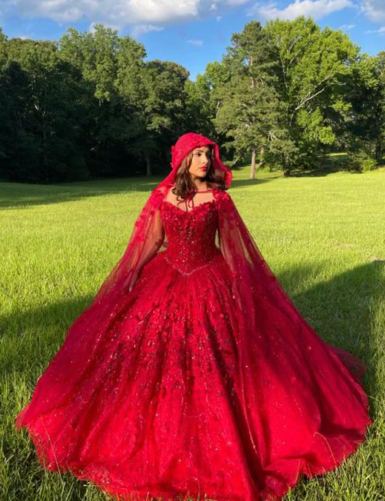 Red Prom Dress Ball Gown Quinceanera Dresses 3D Flowers Princess Corset Back Princess Prom Sweet 16 dress - Fashionpara
