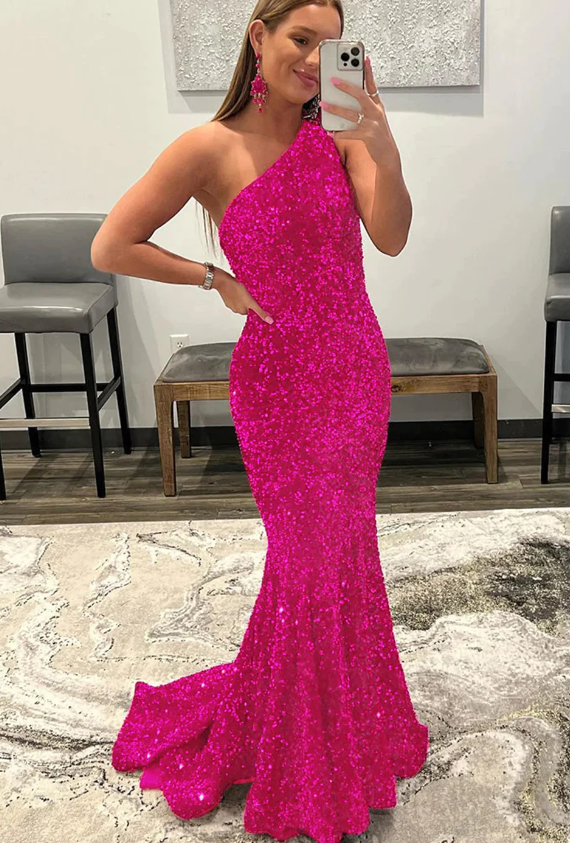 Fuchsia Sequins Mermaid Long Prom Dress - Fashionpara