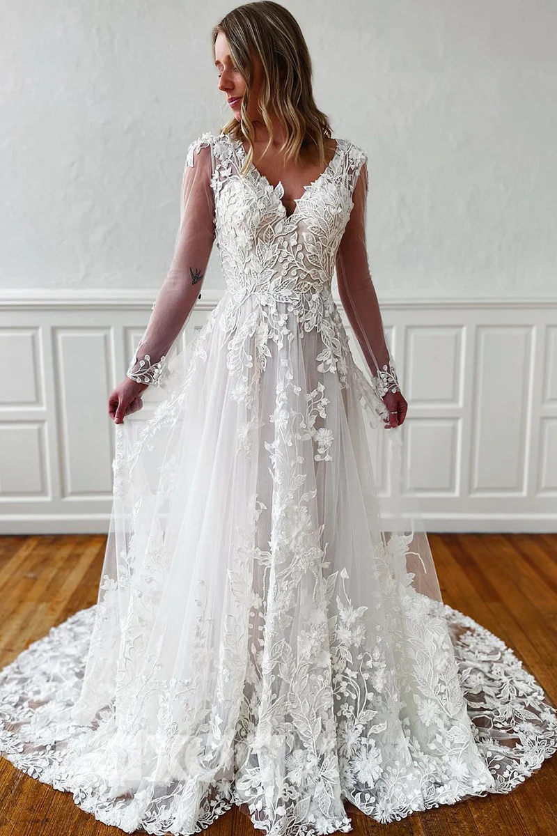 PLUNGING V-NECK SHEER LONG SLEEVES LACE WEDDING DRESS