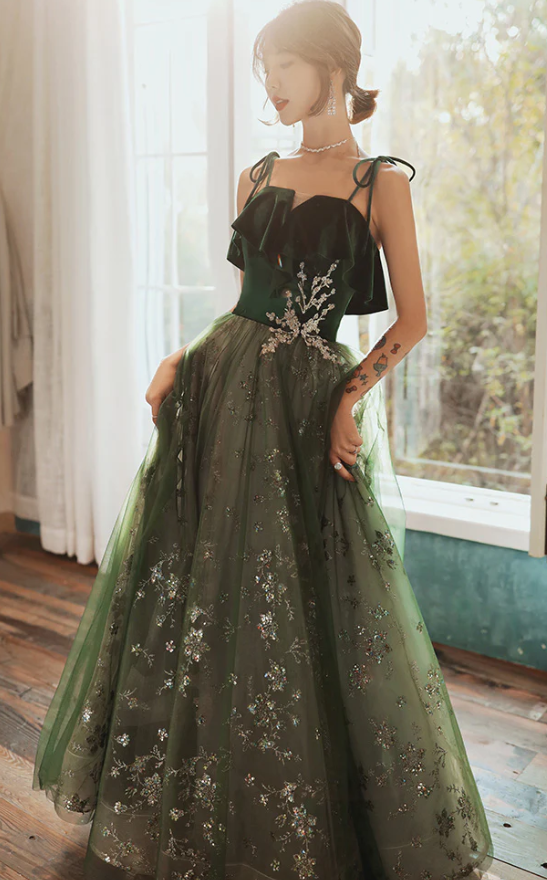 Beautiful Dark Green Straps Tulle with Velvet Party Dress, Green Evening Gown Prom Dress - Fashionpara