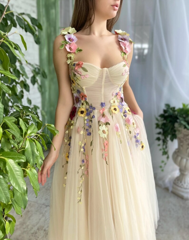 Light Champagne Ankle-Length Evening Gowns Colorful Pattern Appliques Formal Party Dresses 3D Flowers Straps Prom Dress - Fashionpara