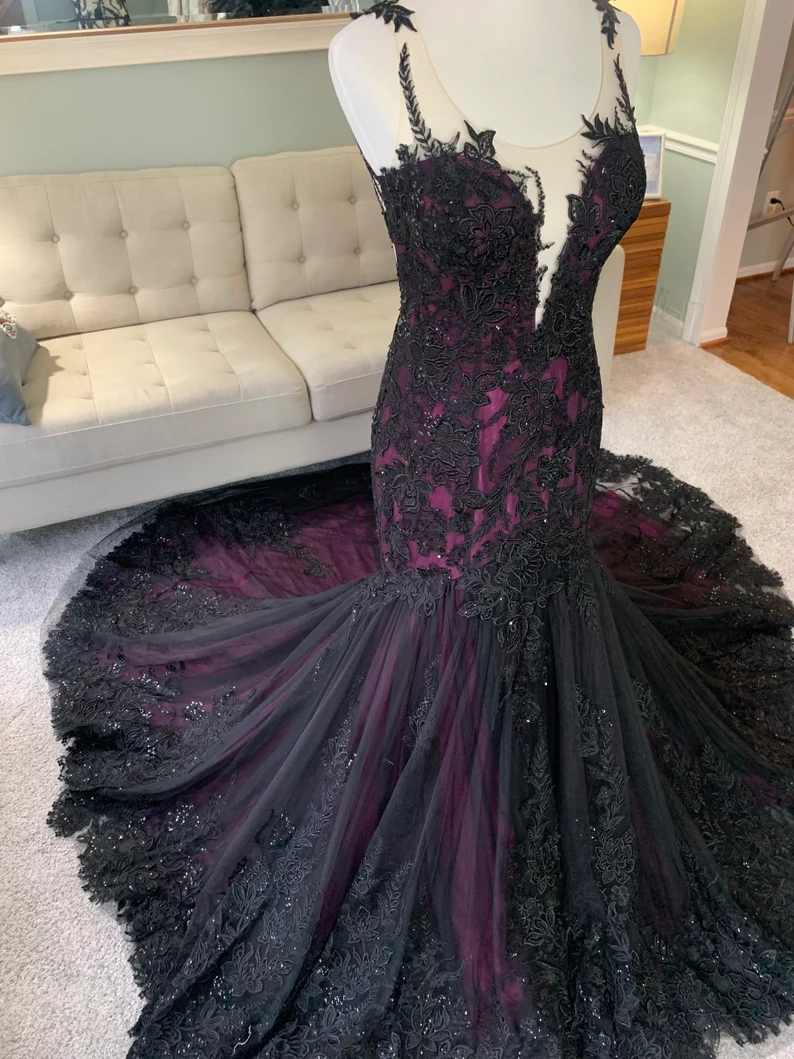 Black and Purple Wedding Dress, Gothic Wedding Dress, Trumpet Black Dress, Formal Dress
