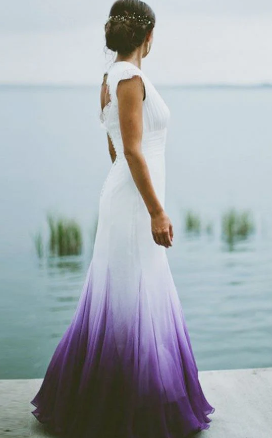 V neck Ombre Formal Prom Dress, A Line Wedding Dress Party Gown