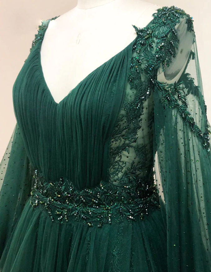 GREEN V NECK LACE A LINE LONG PROM DRESS, GREEN TULLE EVENING DRESS - Fashionpara