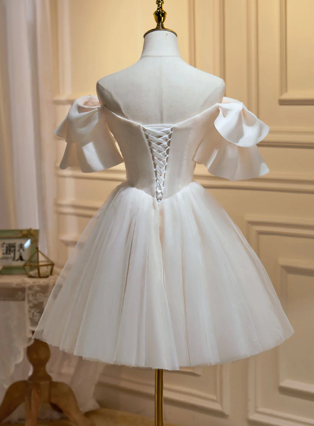 Short Beige Prom Dresses, Beige Tulle Lace Homecoming Dresses - Fashionpara