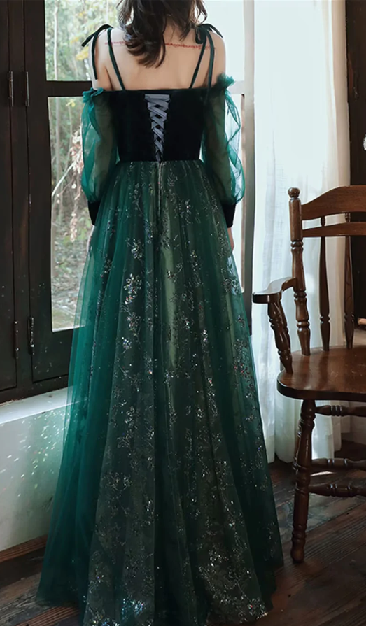 Dark Green Tulle Stunning Sequin Spaghetti Straps Prom Dress, Green Party Dress - Fashionpara